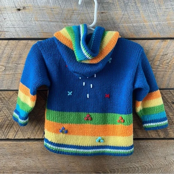 Handmade Knit Sweater Hoodie Baby Infant 0-6 Mos Folk Art Farm Animals Full Zip - Picture 2 of 9